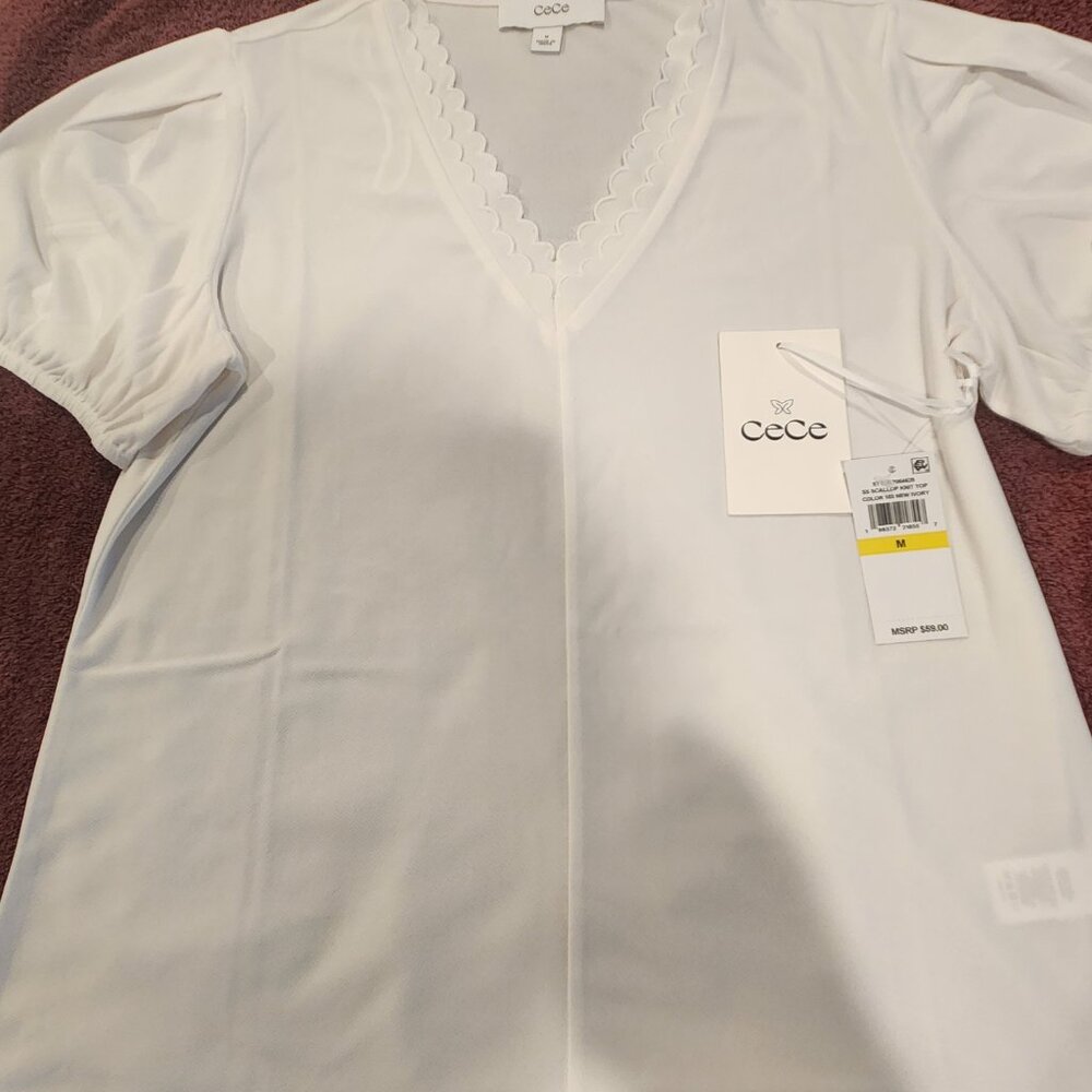 New CeCe Scalloped V-Neck Top